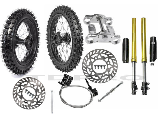 14-inch and 12-inch wheels, 80/100-12 and 60/100-14 tires + front fork, three-groove bicycle, CRF70 and CRF50