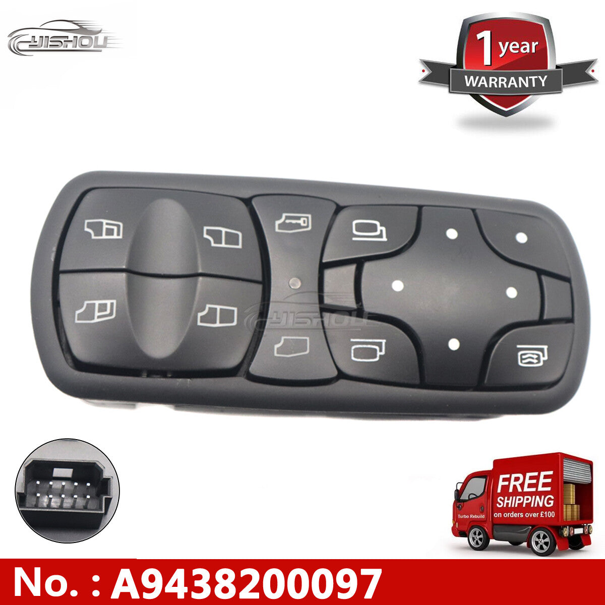 A9438200097 Electric window switch for Mercedes-Benz Actros MP1/MP2 trucks.