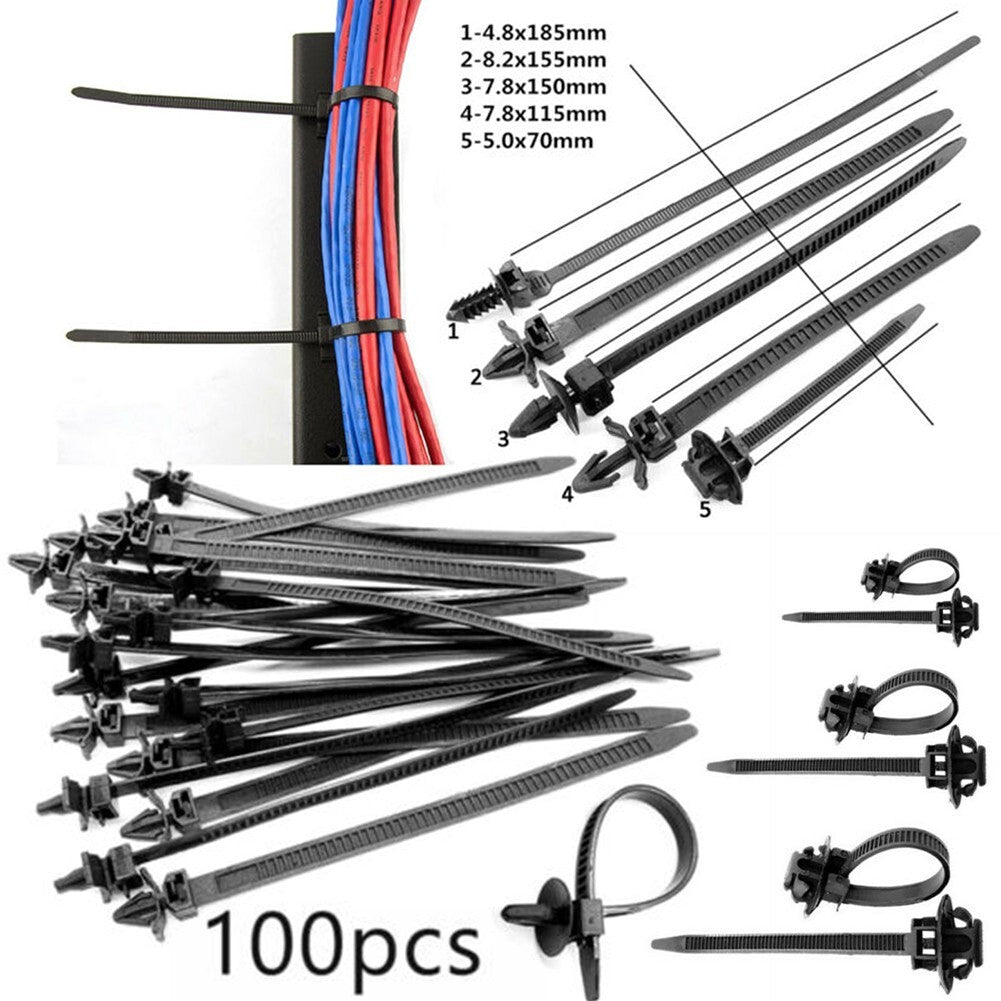 100 X Car Line Cable Tie Clamp Zip Tie Wrap Push Rivet Clip Wiring Harness