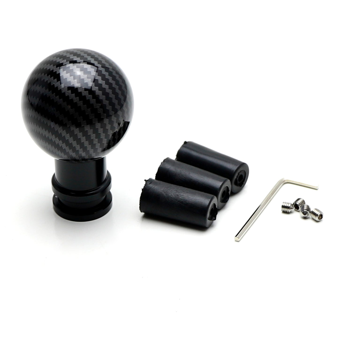 Carbon fiber patterned ball gear shifter with black base, universally compatible with 5-6 speeds. n