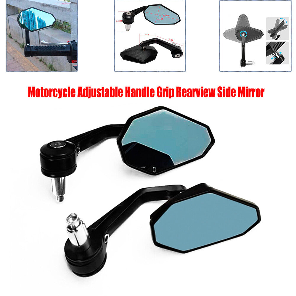 A pair of motorcycle pole-end mirrors with adjustable handlebars and rearview mirrors. n