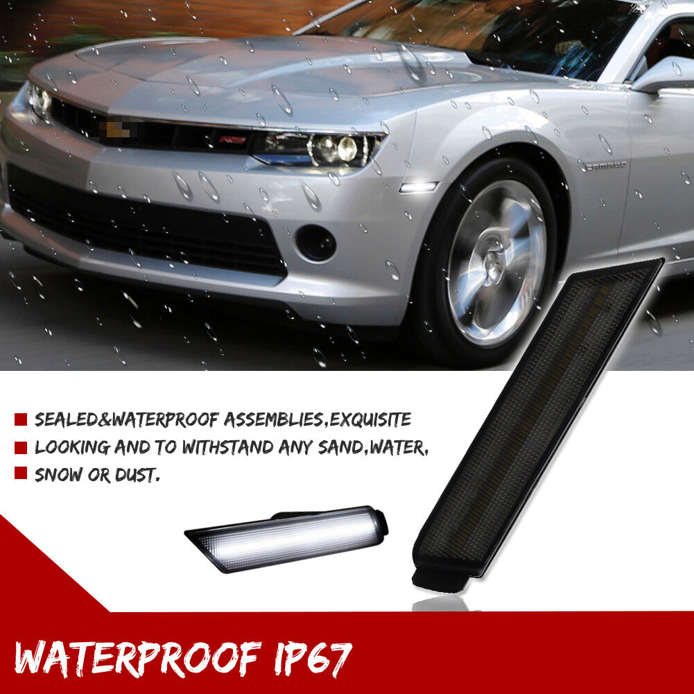 Smoked Lens White LED Front Bumper Side Marker Lights for 10-15 for Camaro - v