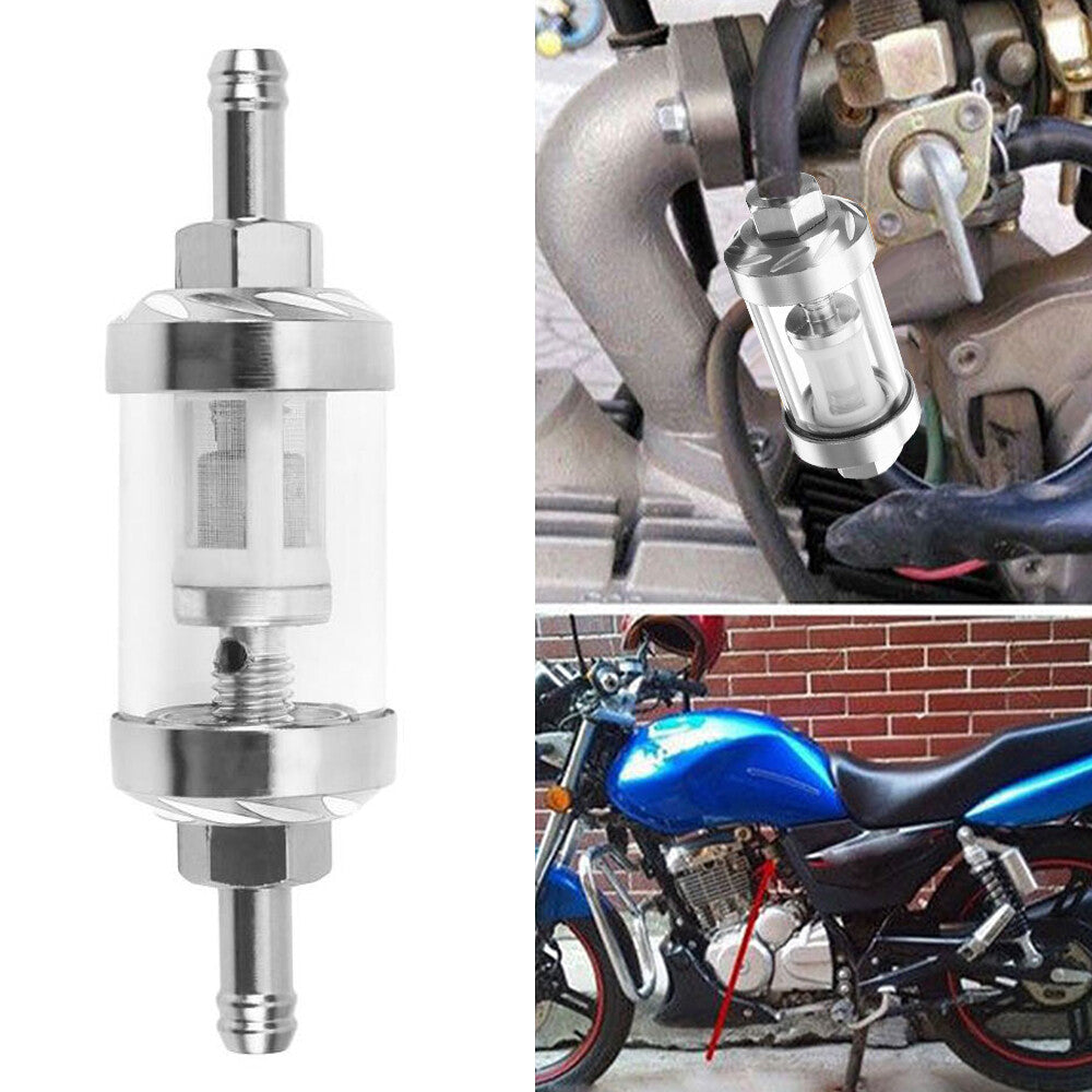 Universal 5/16Glass Fuel Filter Car Petrol Diesel Inline Reusable Chrome 8mm Q