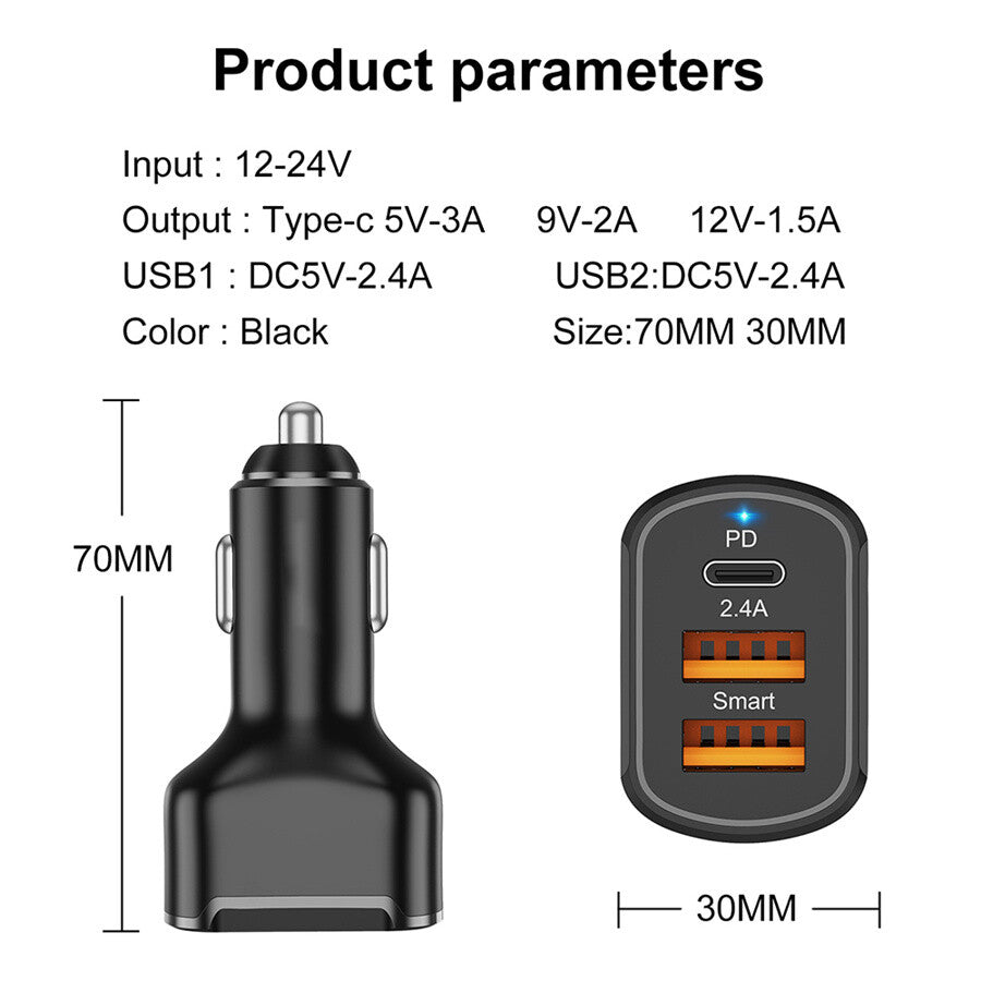 For Apple iPhone 12 Pro Car Fast for Charger Adapter Cigarette Socket QC3.0 3 Ports