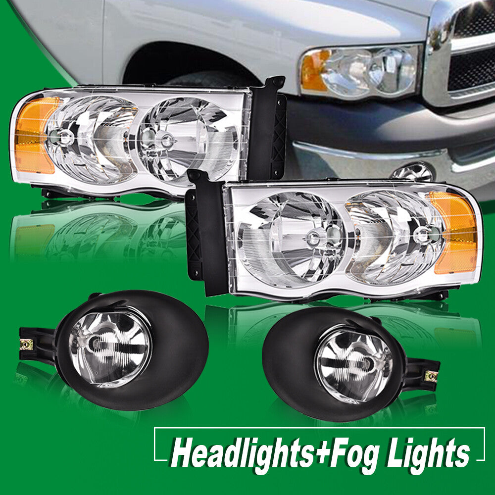 Amber/for CHRome Headlights + Fog Lights Fits 2002 - 2005 for Dodge for Ram 1500 2500 3500- v