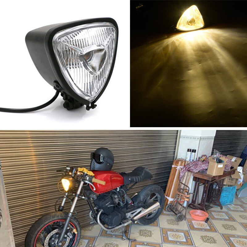 12V Motorcycle Triangular Headlight H3 Bulb with Black Steel Housing n