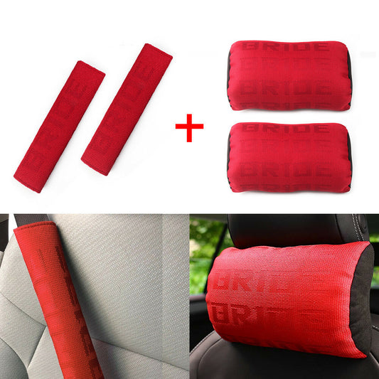 Red 2Pair JDM Gradation Neck Headrest Pillow +Car for Seat Belt Cover Set Q