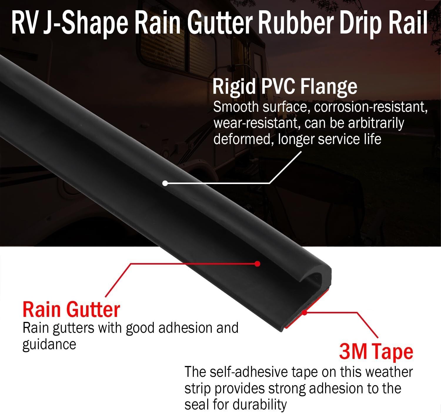 Black 16ft For Winnebago RV J-Shape Rain Gutter Drip Rail PVC with Adhesive Tape
