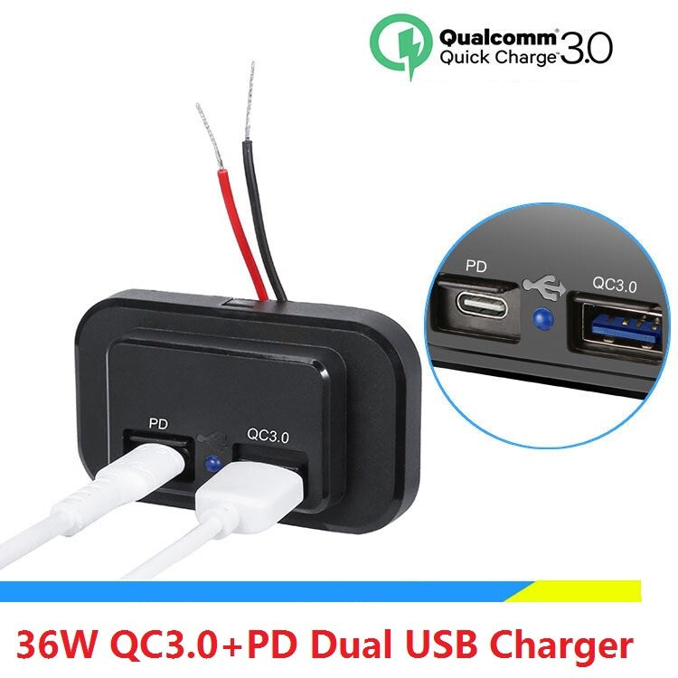 Dual mobile phone fast charger adapter with PD, Type-C, USB, QC 3.0 port, car and truck accessories.