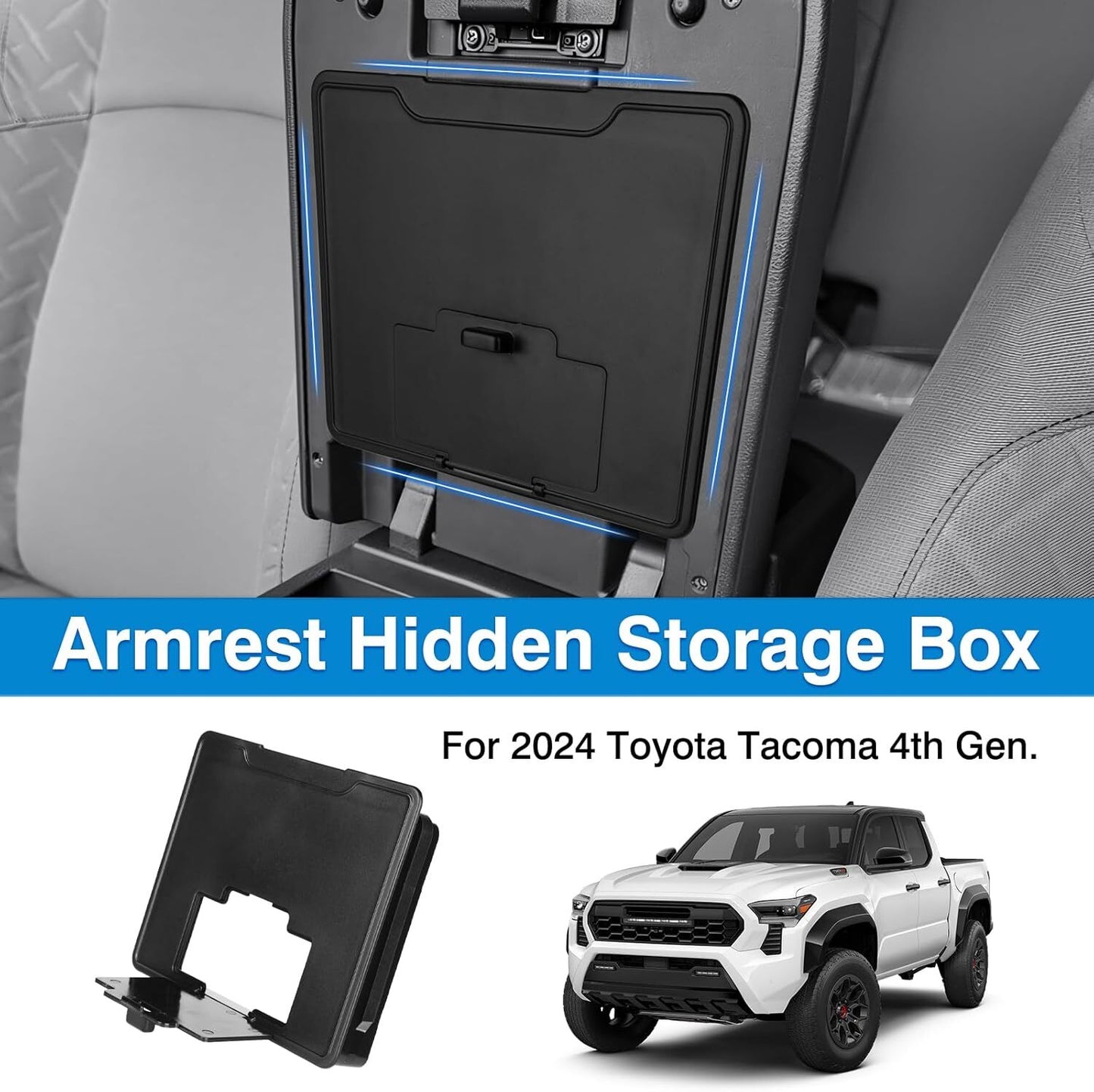 A hidden storage box in the center console armrest, suitable for 2024 and 2025 Tacoma. n