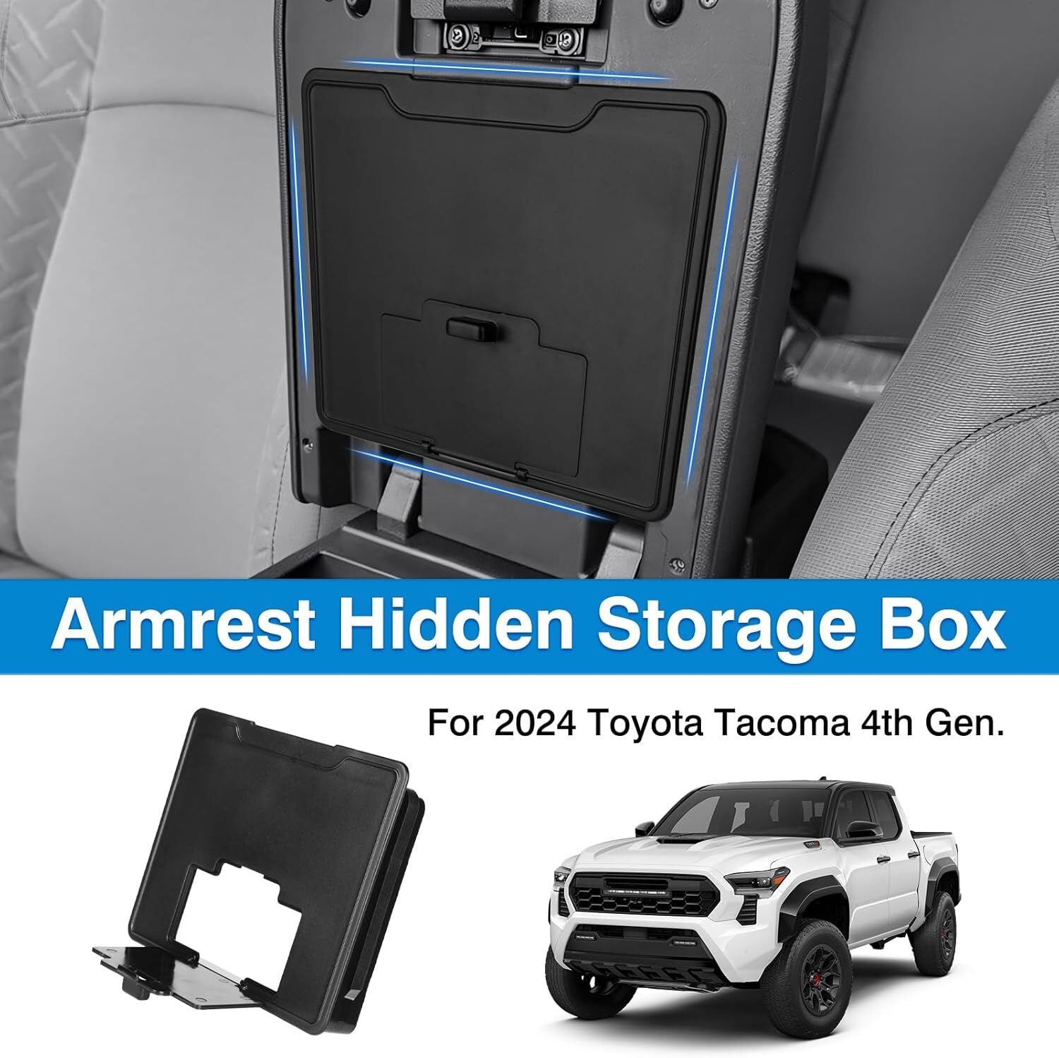 A hidden storage box in the center console armrest, suitable for 2024 and 2025 Tacoma. n