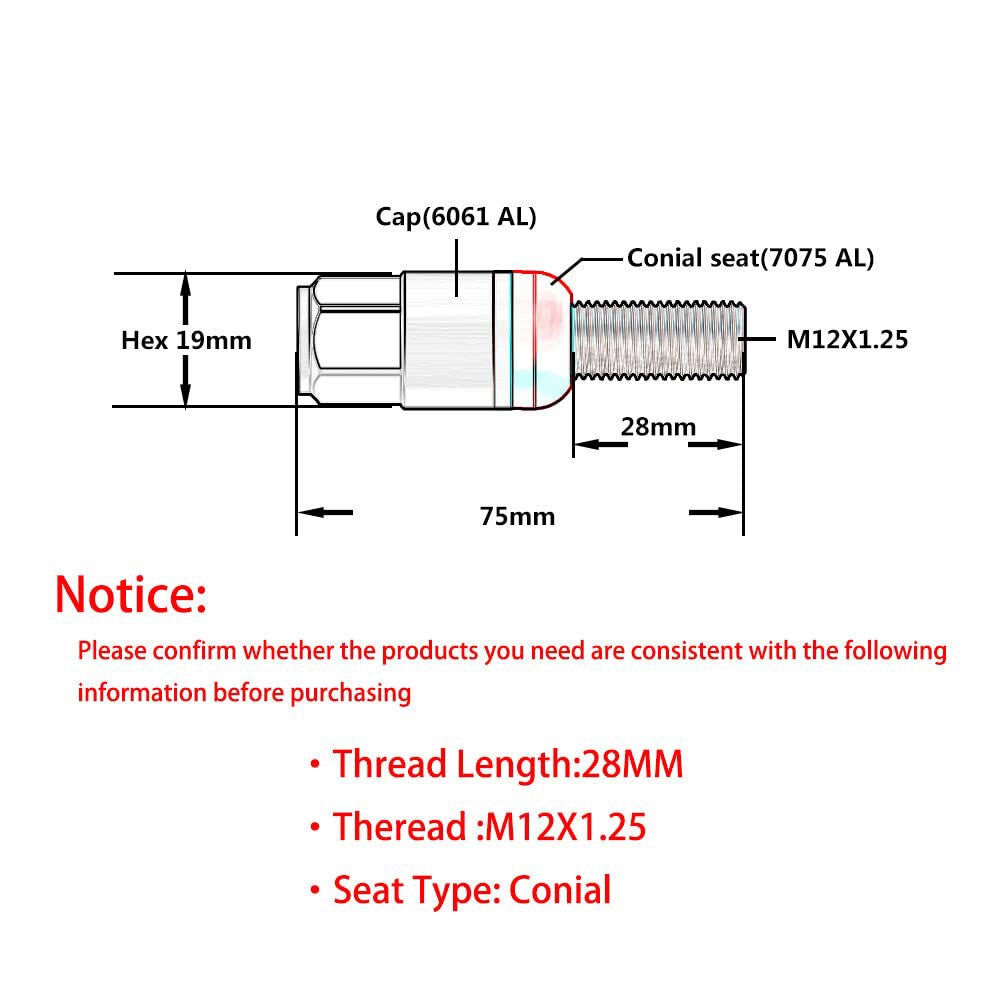 20x M12x1.25 Wheel Lug Bolt28mm Shank Cone for Seat Stud for Most Aftermarket Orange Q