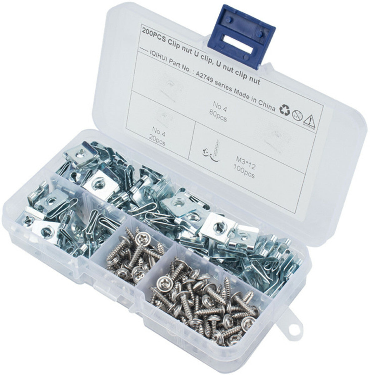 200Pcs Boxed U-Type Nuts Self Tapping Screw Spire Clip Speed Fastener No.4 M3x12