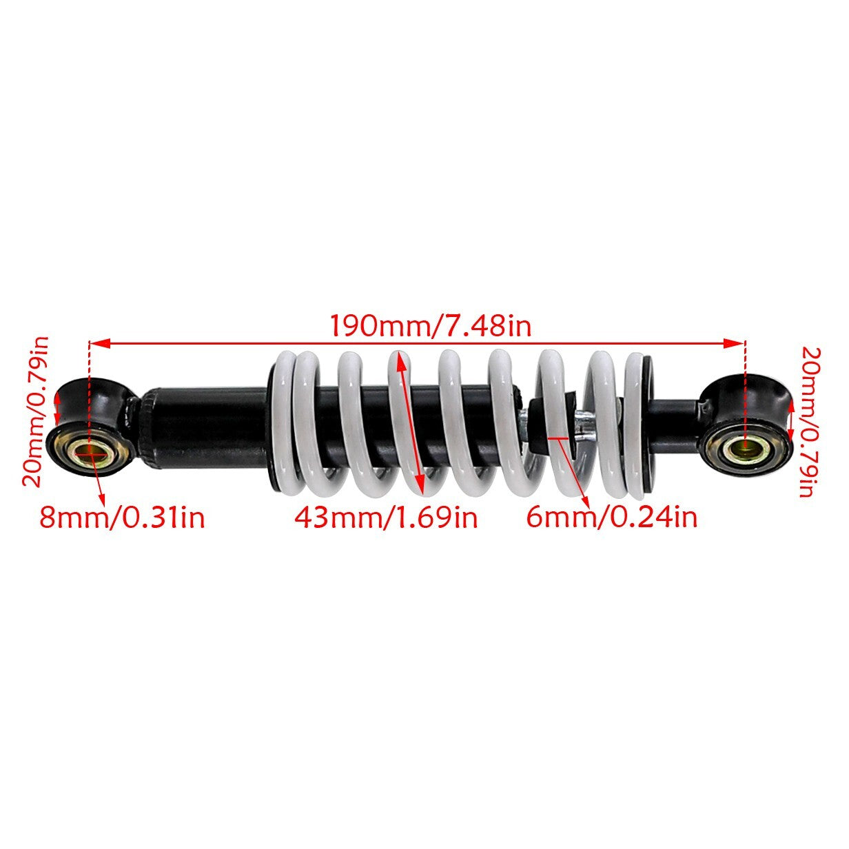 2-pack 190mm rear suspension shock absorbers for pocket off-road bikes, go-karts, and four-wheeled all-terrain vehicles.