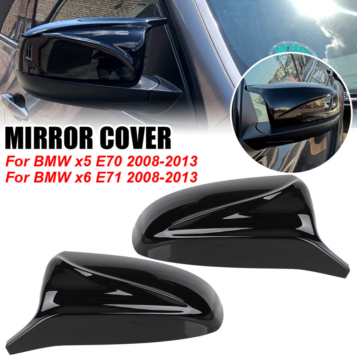 M-type glossy black rearview mirror caps suitable for BMW X5, X6, E70, E71 (2007-2013).