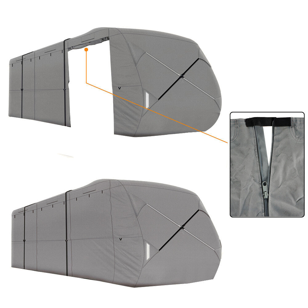 Suitable for 22-24 ft campervans, travel trailers, and RVs. Waterproof, UV-resistant, non-woven fabric cover. n