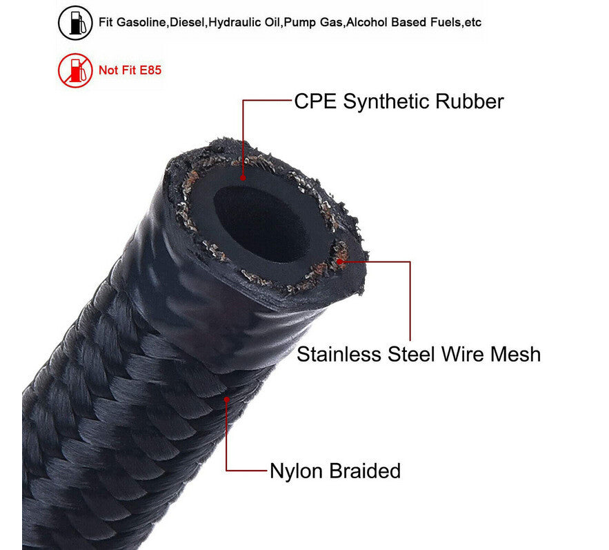 AN8-8AN Fitting Steel Nylon Braided Oil Fuel Line Swivel Hose End 20FT Kit Black