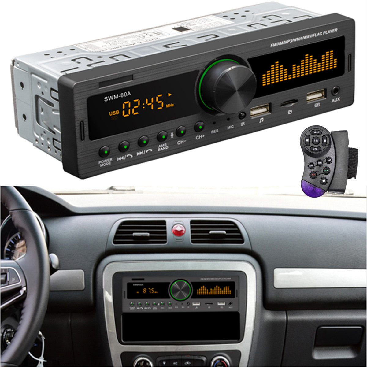 Car stereo radio with built-in Bluetooth hands- modem, FM radio, AUX, USB player - n