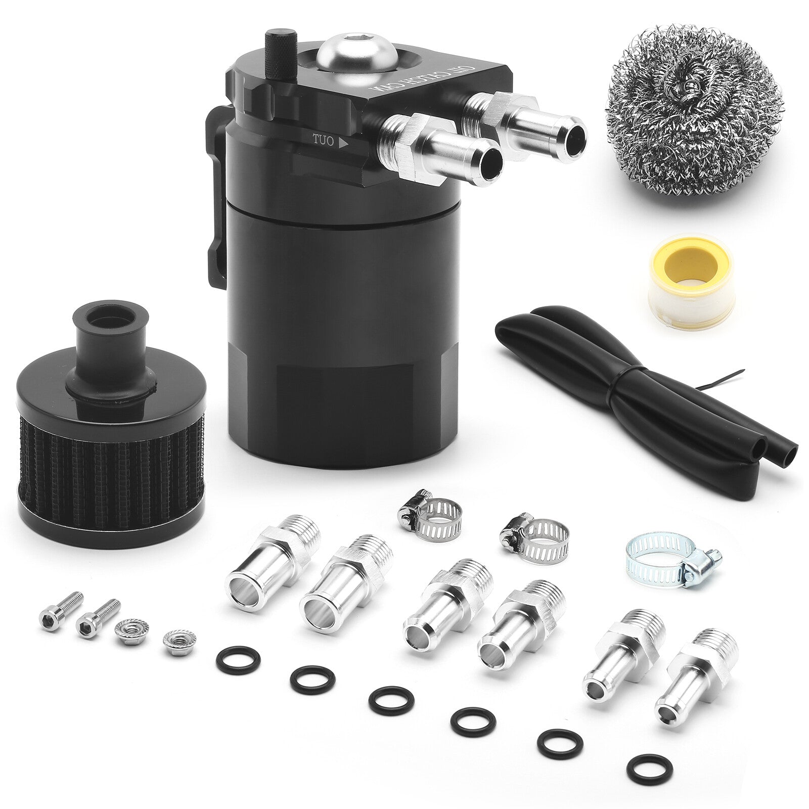 Black Oil Catch Can Tank Baffled Reservoir with Drain Valve Breather Filter US