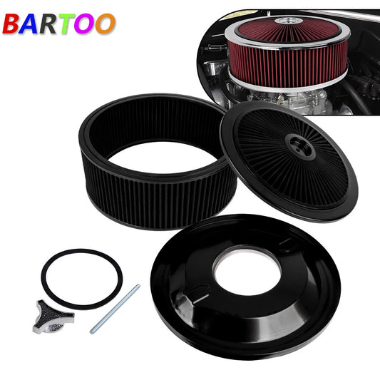 Black 14 x 5 Round Deep Dish Air Cleaner Kit + Washable Filter w/ Chrome Lid Q