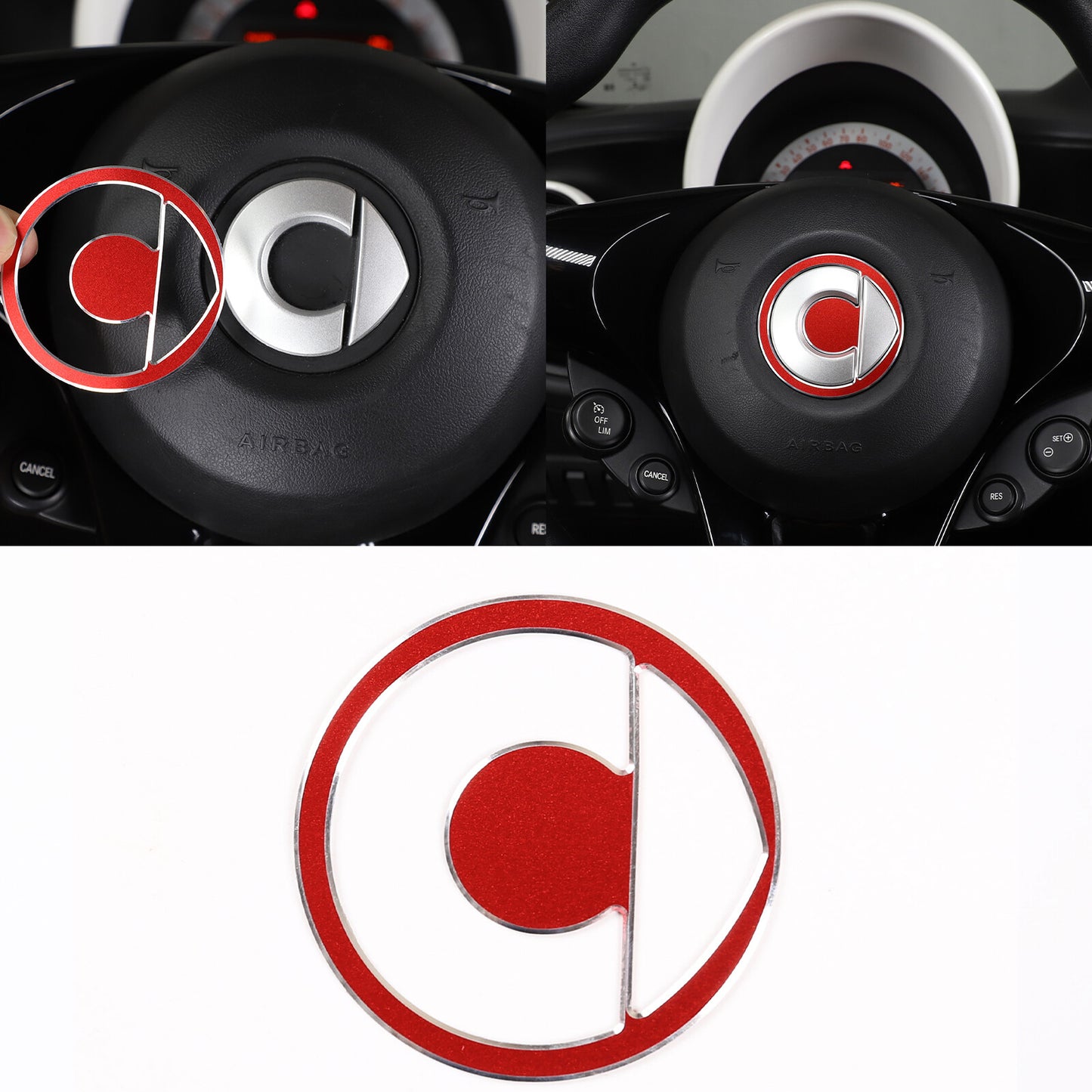 Red alloy housing for Smart Fortwo 16-21 steering wheel logo ring trim - n