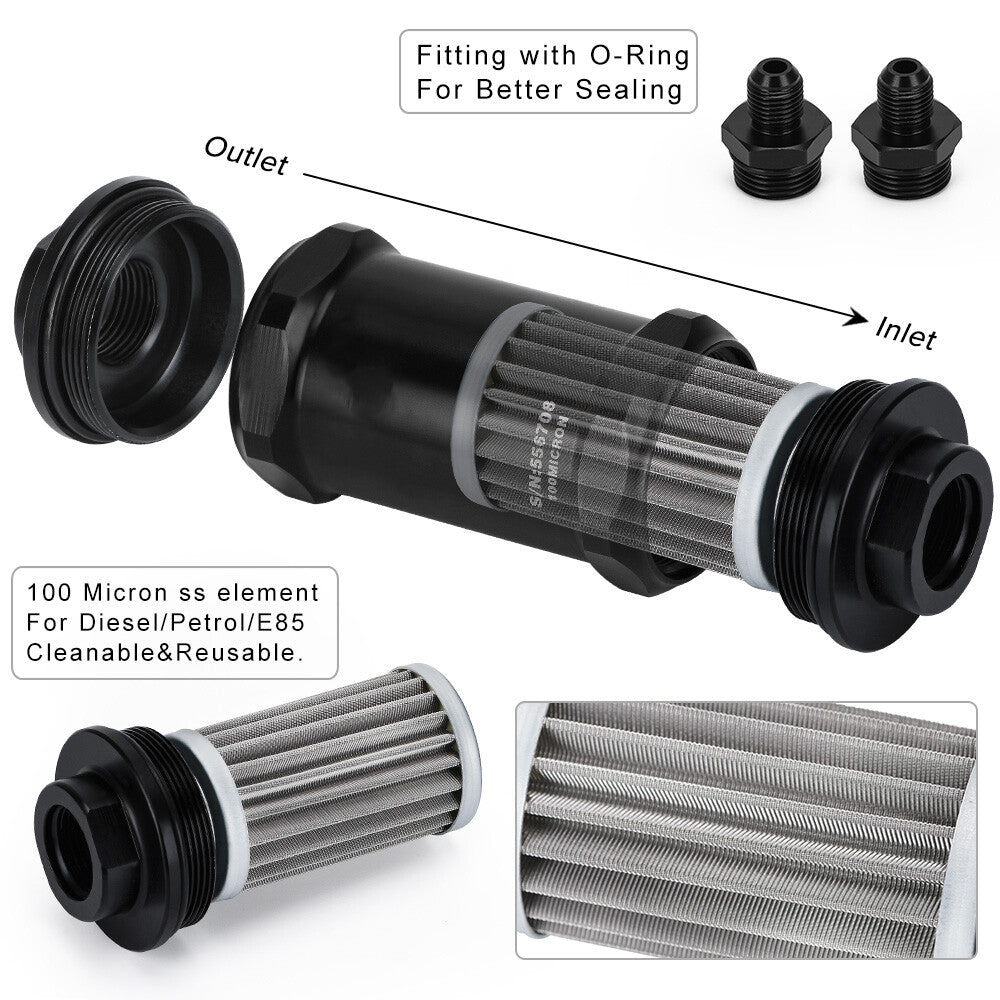 E85 Ethanol AN6 AN8 AN10 Inline Fuel Filter W/100 Micron Stainless Steel Element