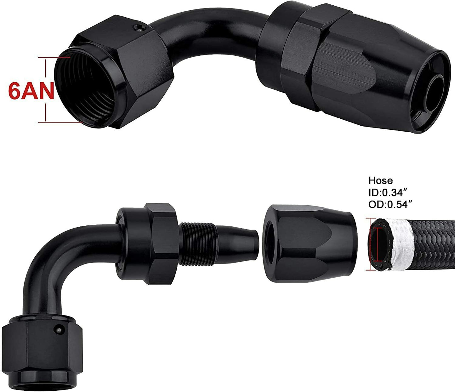 AN6 6AN 90-degree rotating hose end adapter for braided fuel lines (aluminum)