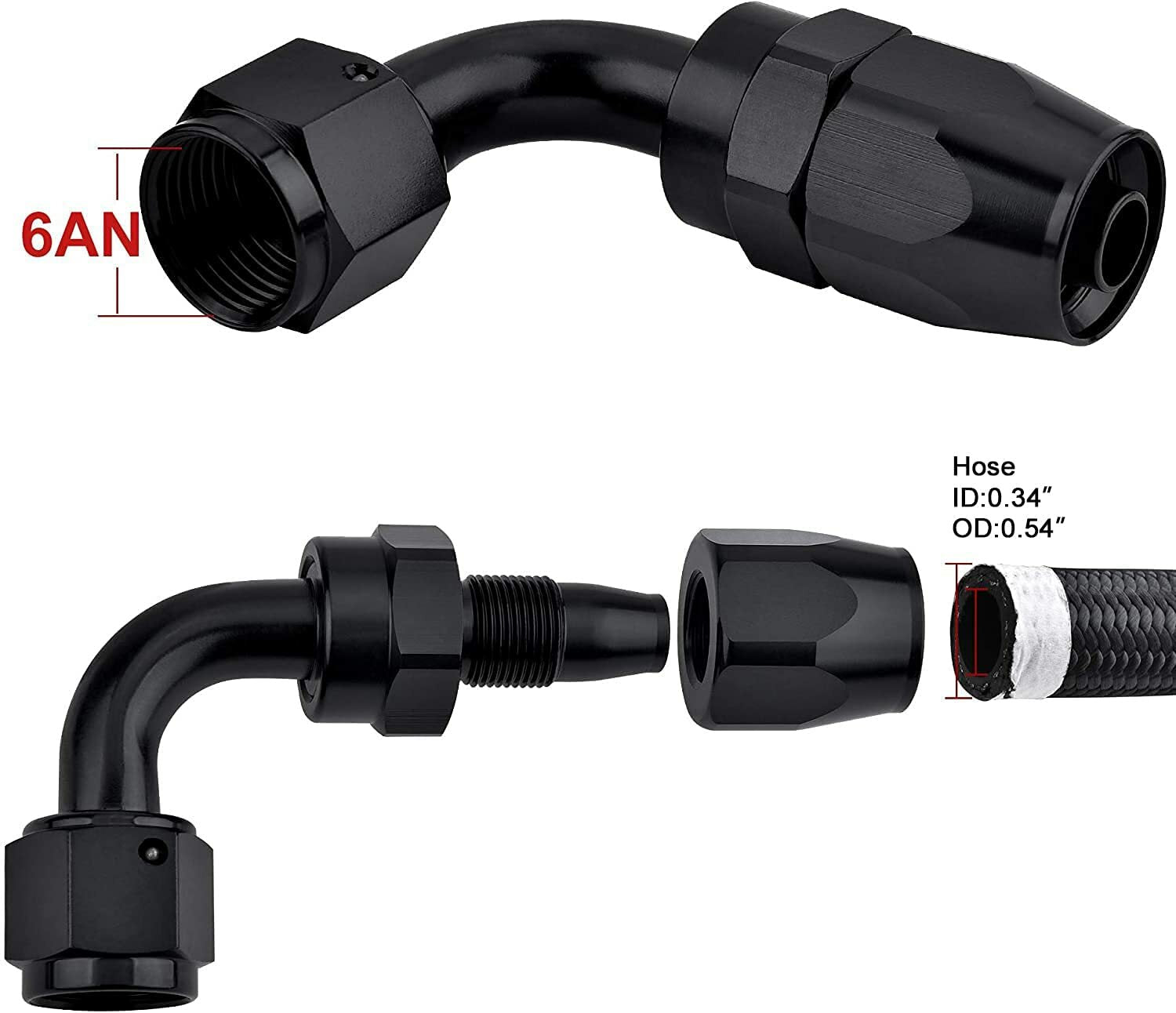 AN6 6AN 90-degree rotating hose end adapter for braided fuel lines (aluminum)