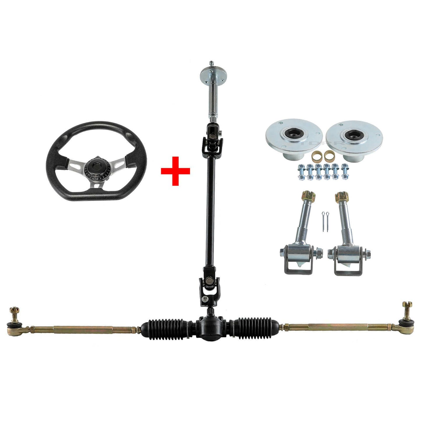 Front steering wheel assembly, gear carrier, pinion shaft, tie rod, go-kart, all-terrain vehicle
