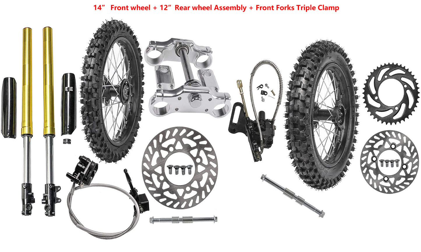 12-inch and 14-inch wheels, 60/100-14 and 80/100-12 tires, front fork, shock absorber, brake kit, CRF70