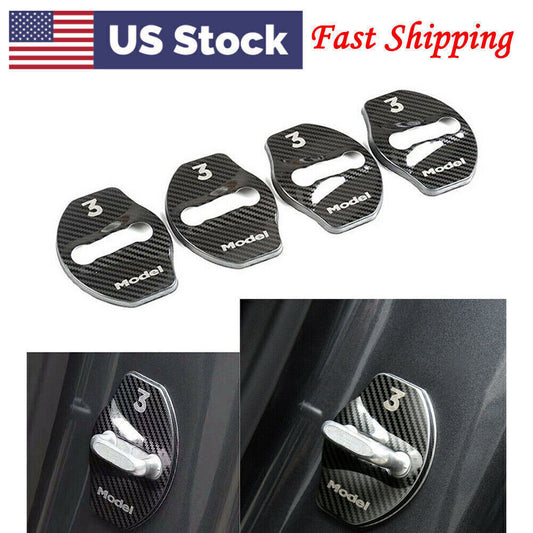 for Tesla Model 3 Accessories Door Latch Lock Cover Protective Carbon Fiber 4PCS