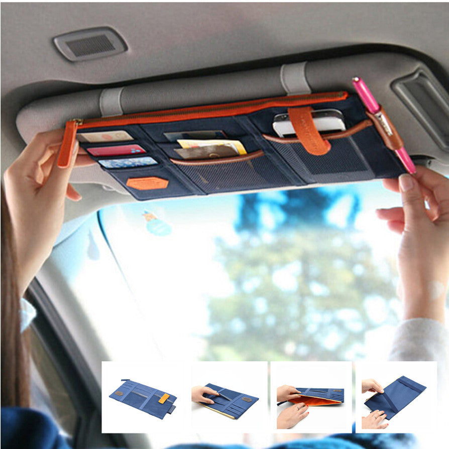 Car Blue Sun Shield Board Storage Bag Phone Card Pocket Organizer