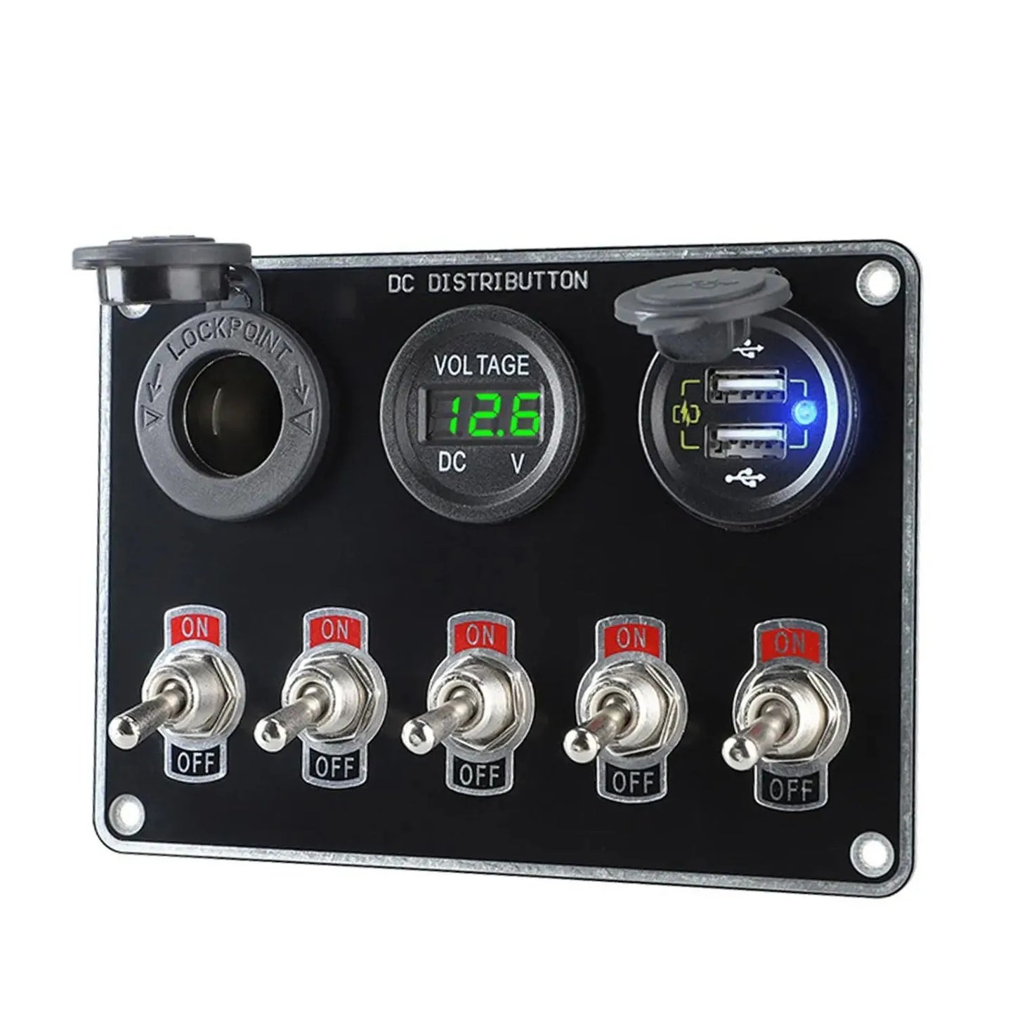 12V rocker ignition switch panel, 5-way voltmeter, dual USB ports, suitable for racing cars, trucks, and boats. n