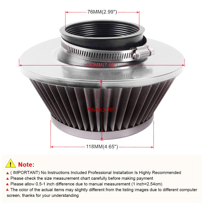 1-Piece 3-inch 76mm Imported Cold Intake Cone Car Truck Air Filter High Performance - n