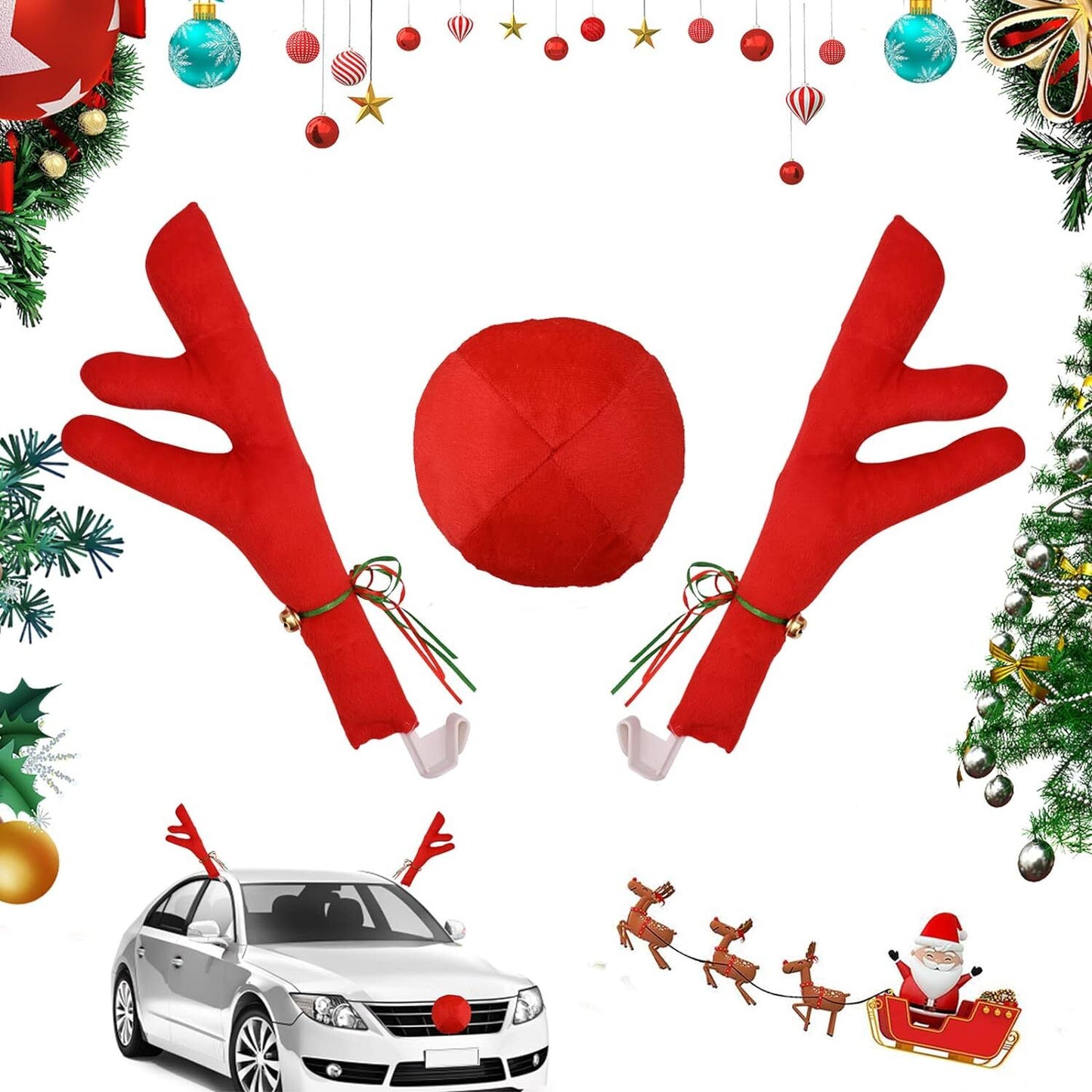 3Pcs Antlers And Red Nose Reindeer Decoration Car Christmas Auto Holiday Red