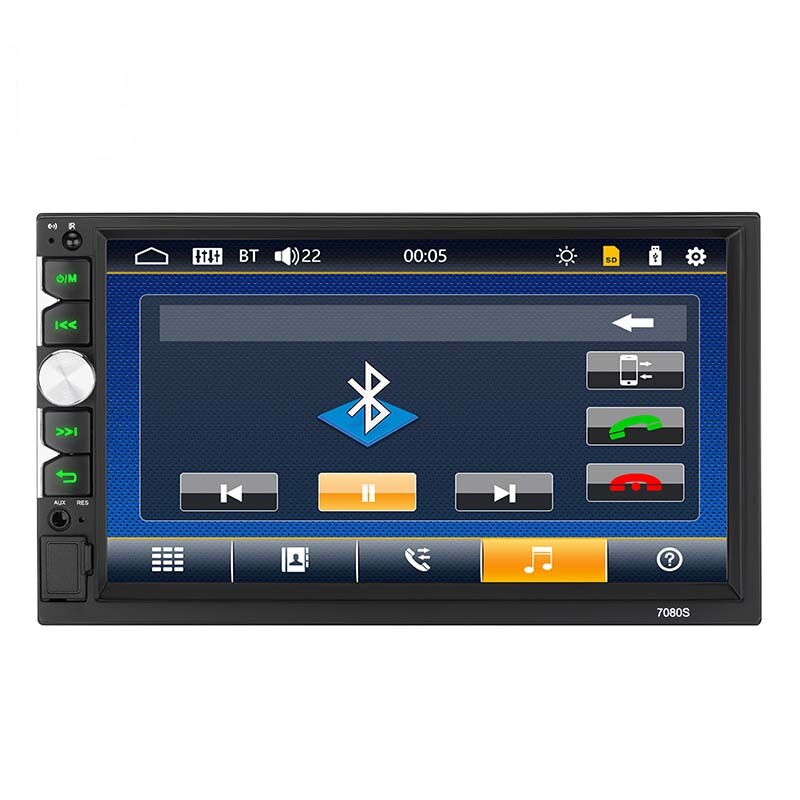 Car-mounted 7-inch 2DIN HD touchscreen MP5 player with Bluetooth music calling and video/audio playback functionality. n