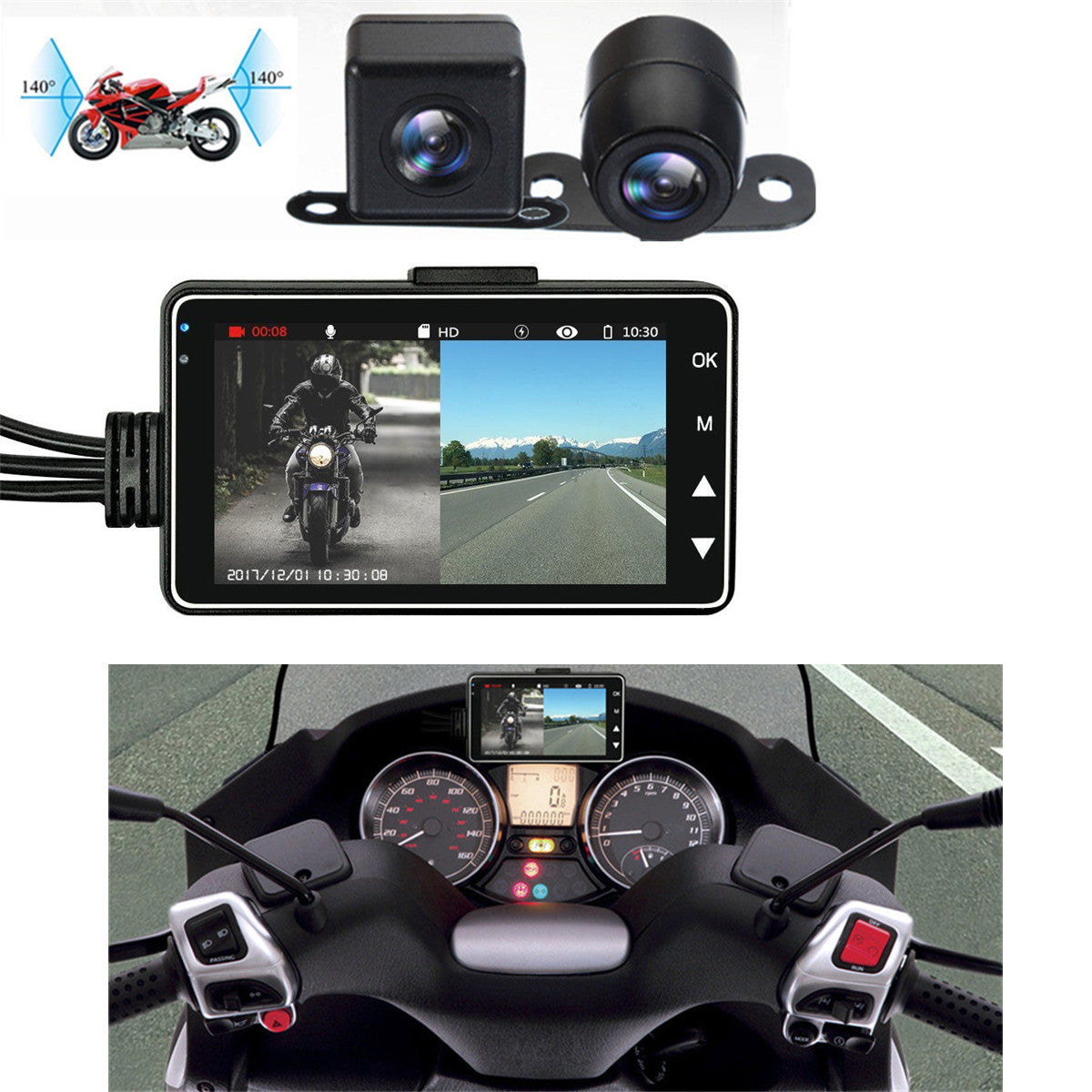 3 LCD 140° Waterproof Dual Action Camera Video Recorder for Motorcycle Car Bike Q