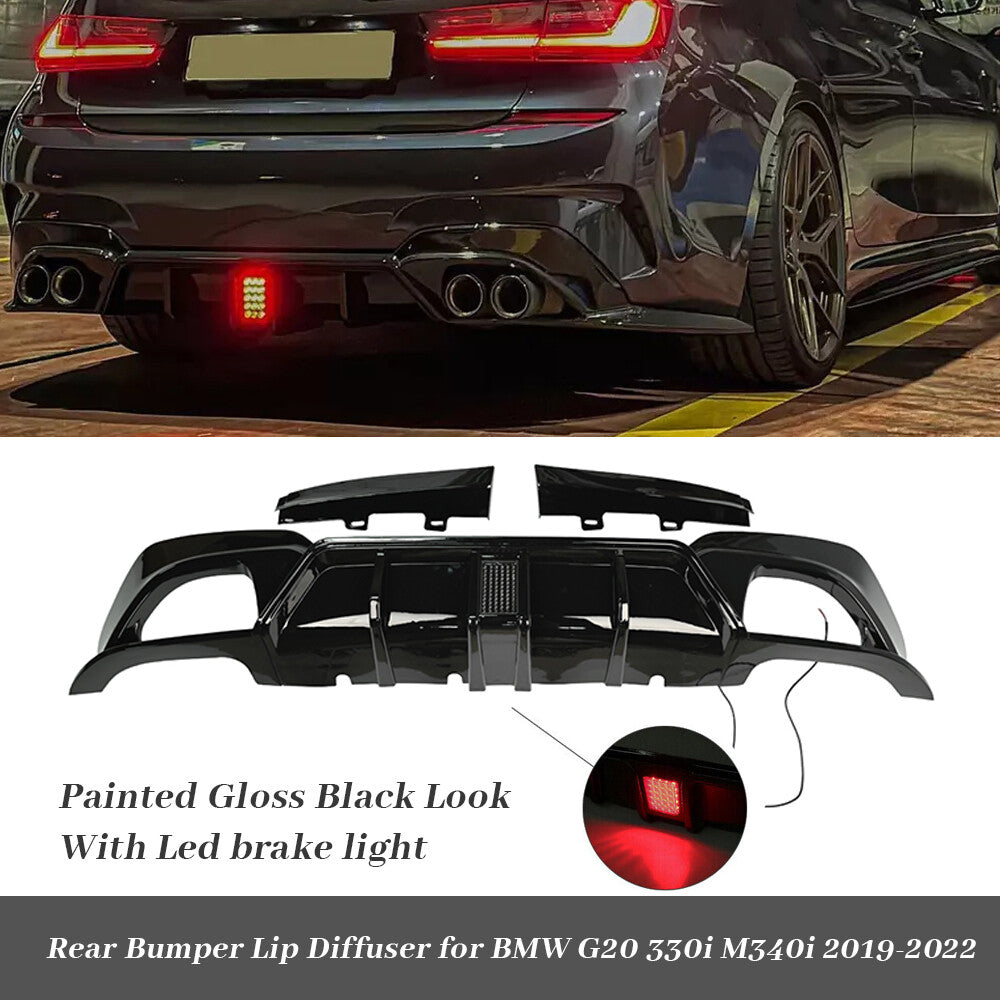 GLOSS BLACK Rear Diffuser Bumper W/ Light LED Fit for BMW 3 G20 M340i M Sport 19-22