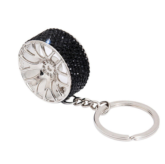 Crystal rhinestone black car wheel hub ring keychain key ring gift accessories