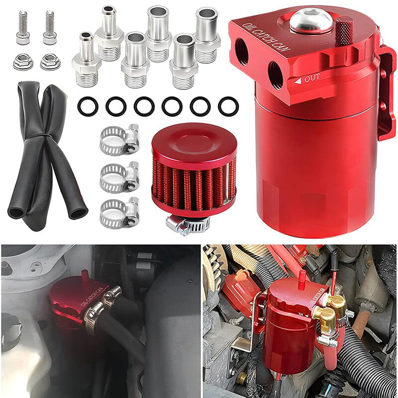 1Red Oil Catch Can Kit with Breather Filter Reservoir Baffled Tank Aluminum