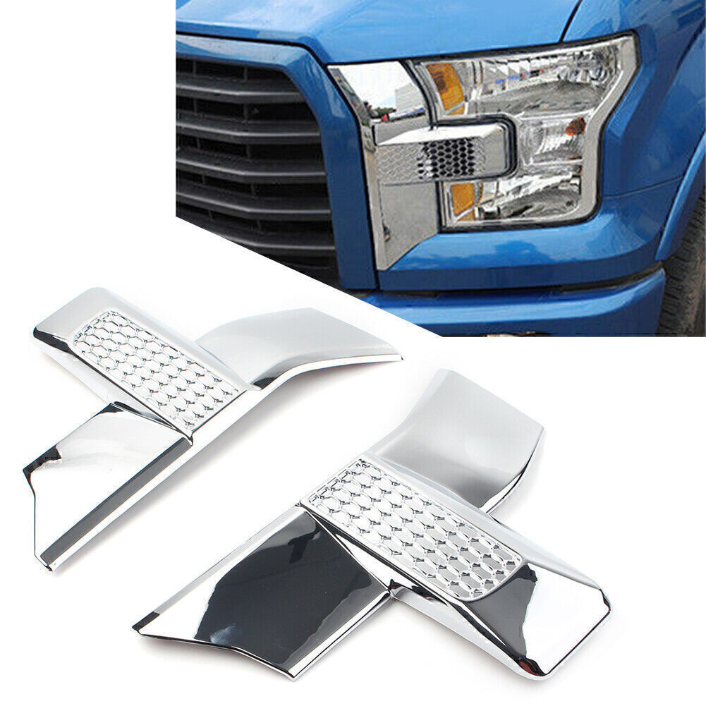Chrome-plated protective covers for the front bumper, headlights, and grille are available for the for Ford F-150 2015, 2016, and 2017 models.