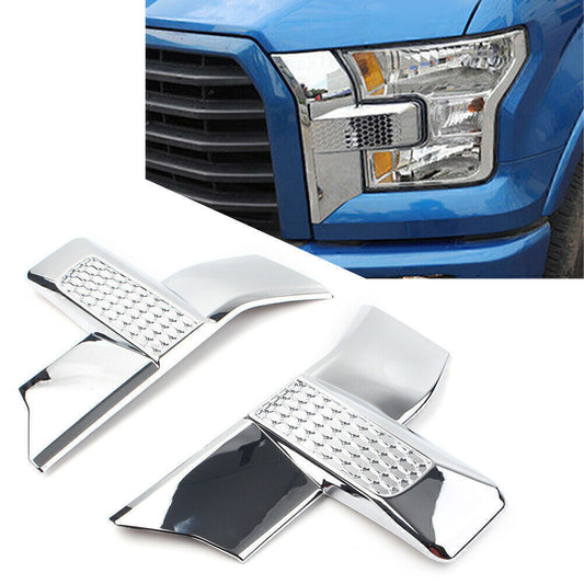Chrome-plated protective covers for the front bumper, headlights, and grille are available for the for Ford F-150 2015, 2016, and 2017 models.