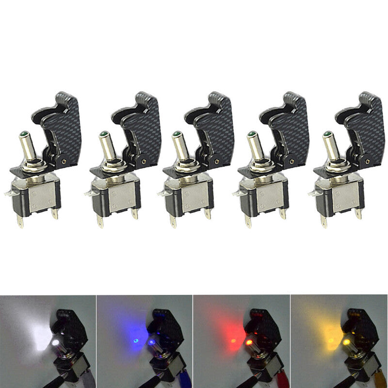 5-Piece Pack 20A Car SUV Truck Yacht Carbon Fiber Cover LED Light Rocker Switch - n