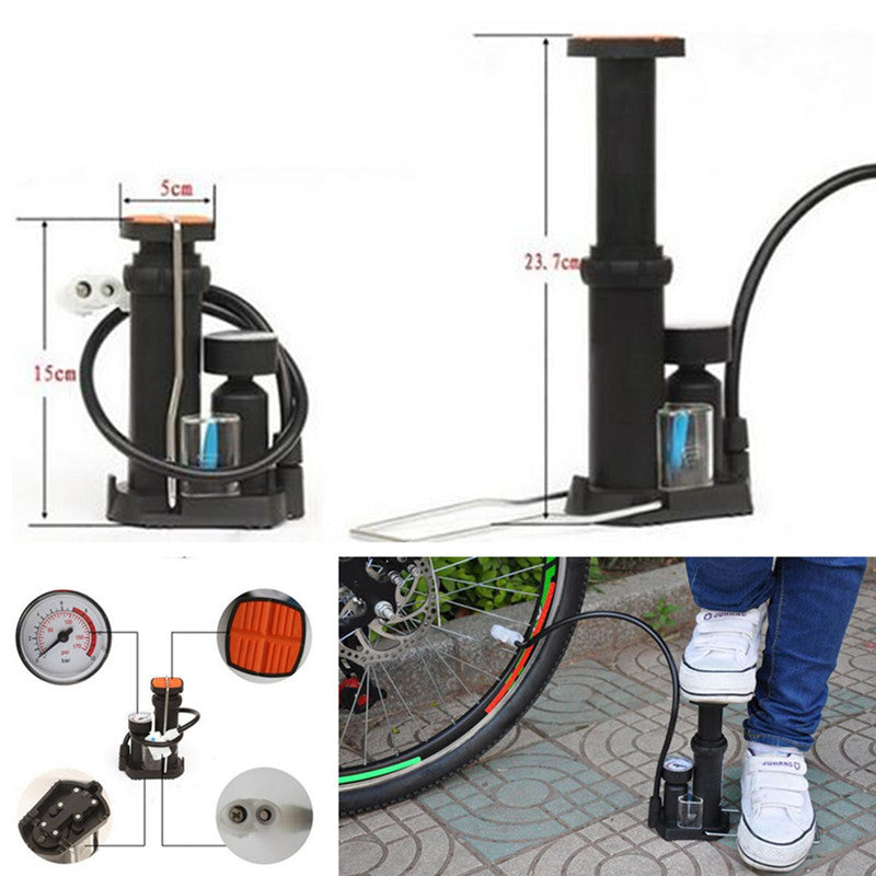 Motorcycle Wheel Tyre Tire Portable Foot Pedal Inflator Tool Air Pump With Gauge