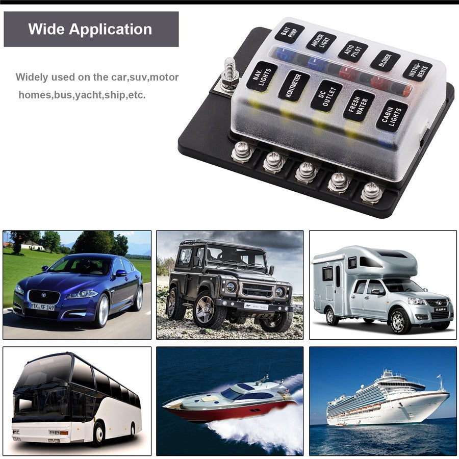 Car 10-Way Blade Fuse Box Block Holder Indicator w/ Fuses For 12V 24V Car