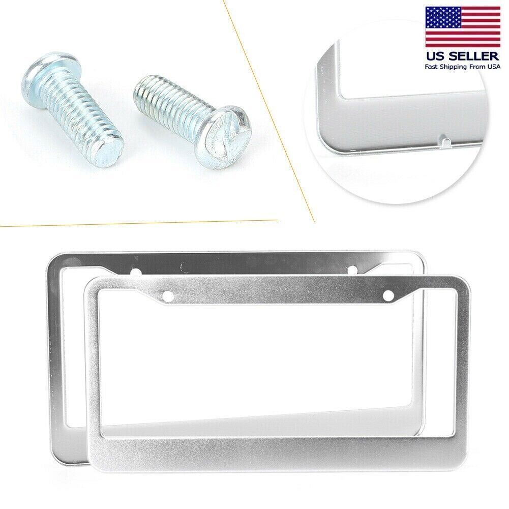 License Plate Frame Tag Cover with Screw Caps Stainless Steel Metal Pair