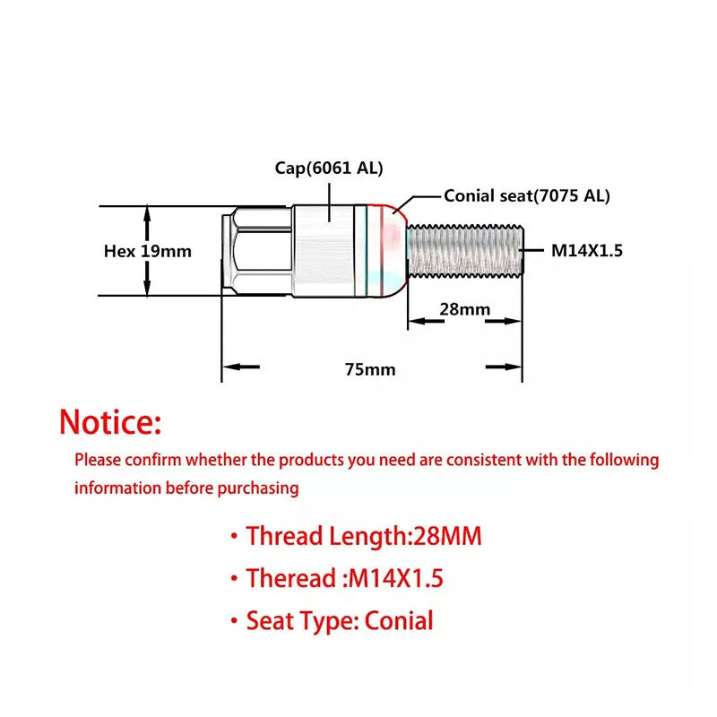 20x M14x1.5 Wheel Lug Bolt 28mm Shank Cone for Seat Stud for Most Aftermarket Black Q