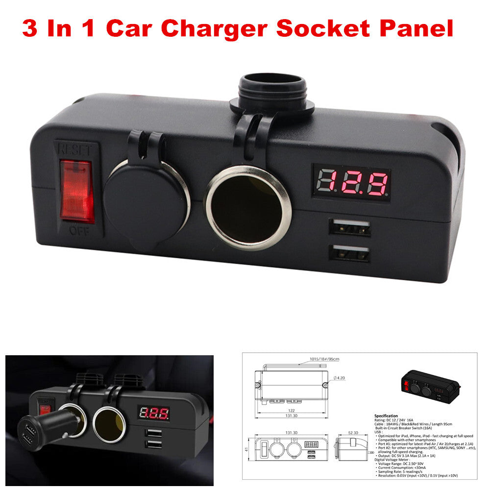3-in-1 Waterproof Car USB Charger, Voltmeter, Cigarette Lighter, 12V Multi-functional n