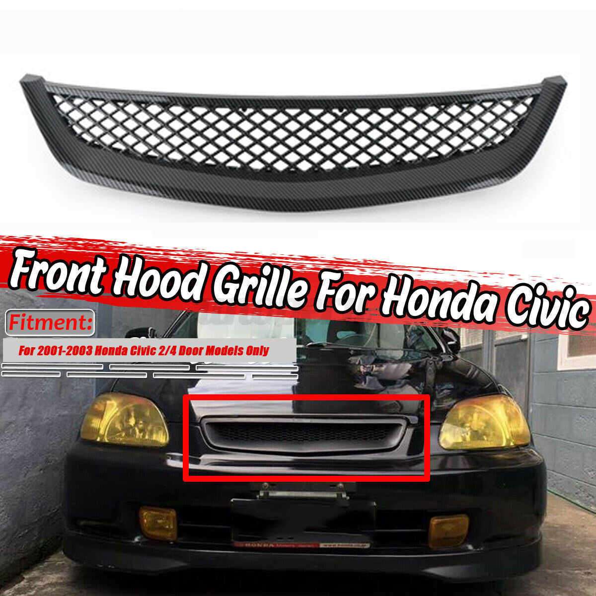 Front Bumper Hood Mesh Carbon Fiber Grille Grill For 2001-03 for Honda for Civic ES1 JDM