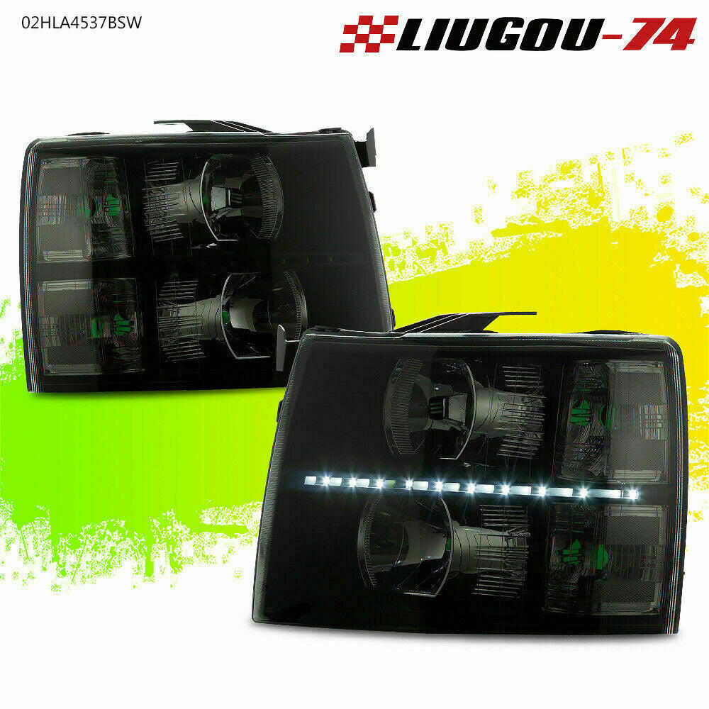 Fits 07-14 Silverado LED DRL Bar Headlight/Light Black Housing Smoke Lens - v